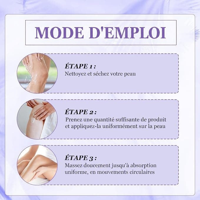 Infographie en trois étapes illustrées montrant comment nettoyer la peau, appliquer le gel et le masser 4