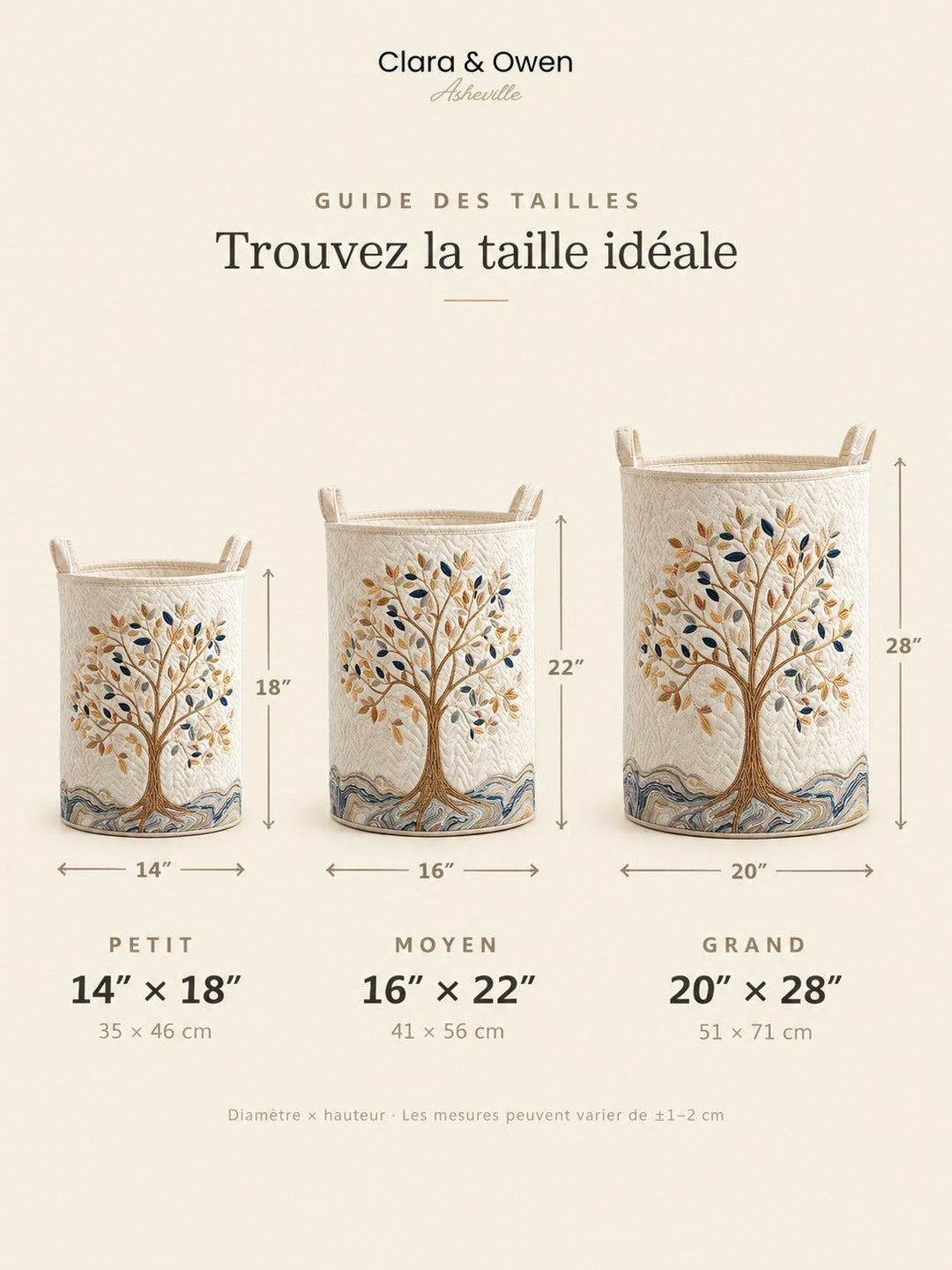 Guide des tailles montrant trois paniers de hauteurs différentes, petit, moyen et grand, avec leurs dimensions 5