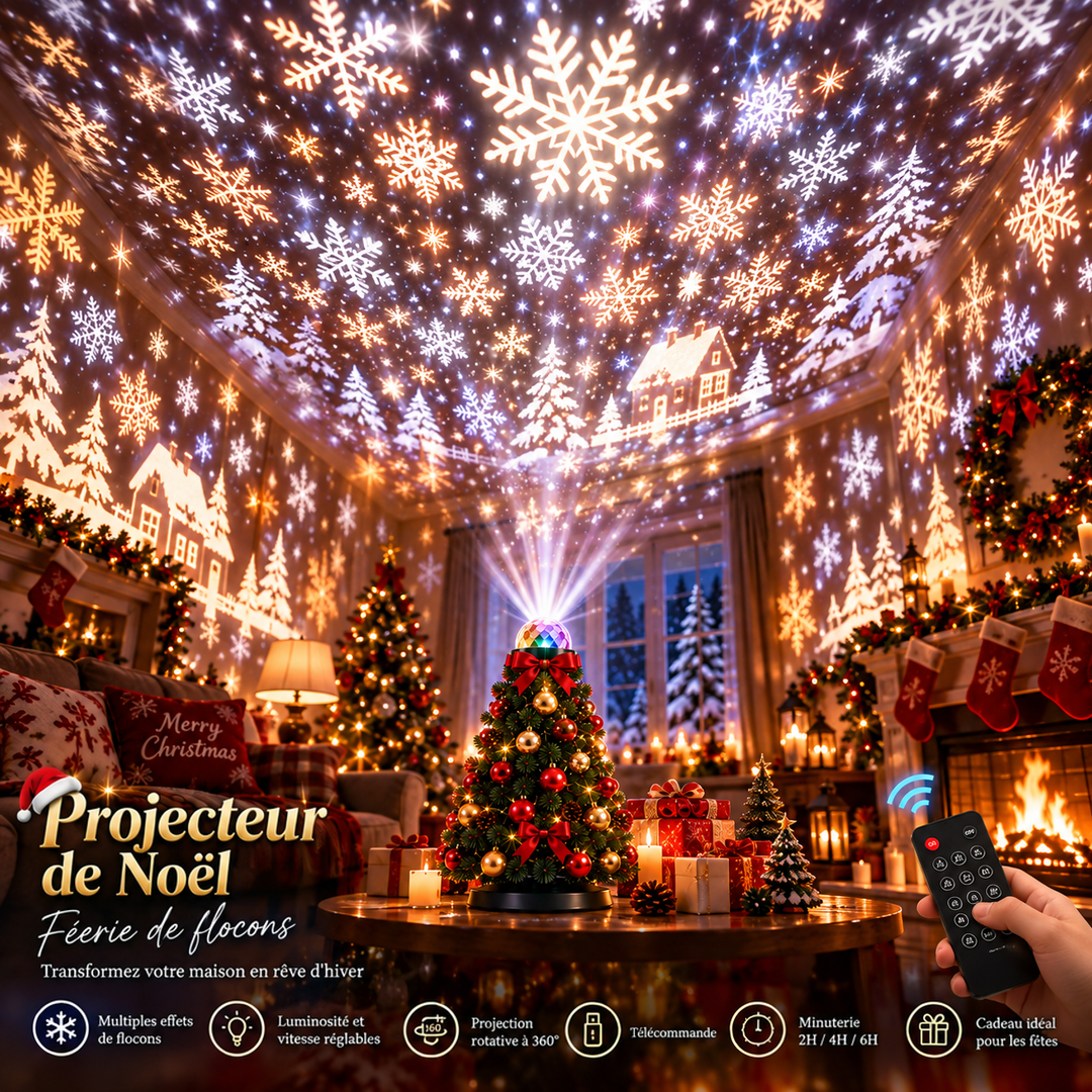 Projection de flocons de neige blancs et dorés sur le plafond d'un salon décoré, télécommande en main 2