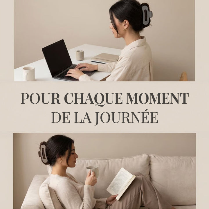 Deux scènes de confort : une femme travaille sur ordinateur, une autre lit sur un canapé, chignon tenu par la barrette 4