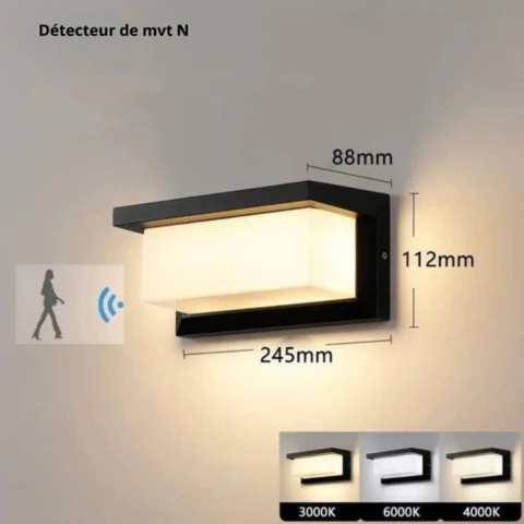 Schéma avec dimensions de l'applique, icône de détecteur de mouvement et trois températures de couleur de lumière 7