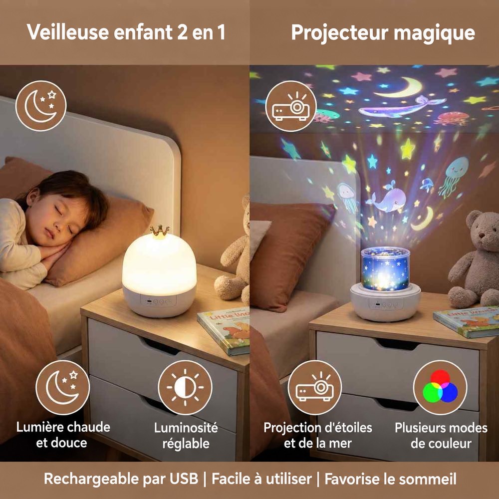 Montage de deux usages : lumière chaude près d'un enfant endormi, et projection d'étoiles et de baleines au plafond 2