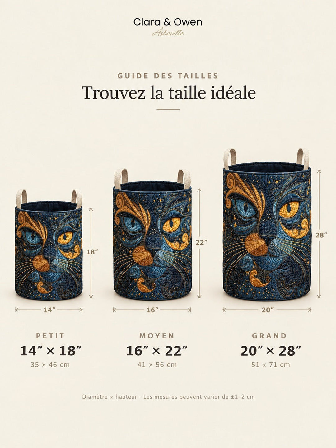 Guide des tailles montrant trois paniers côte à côte, petit, moyen et grand, avec leurs diamètres et hauteurs indiqués. 5