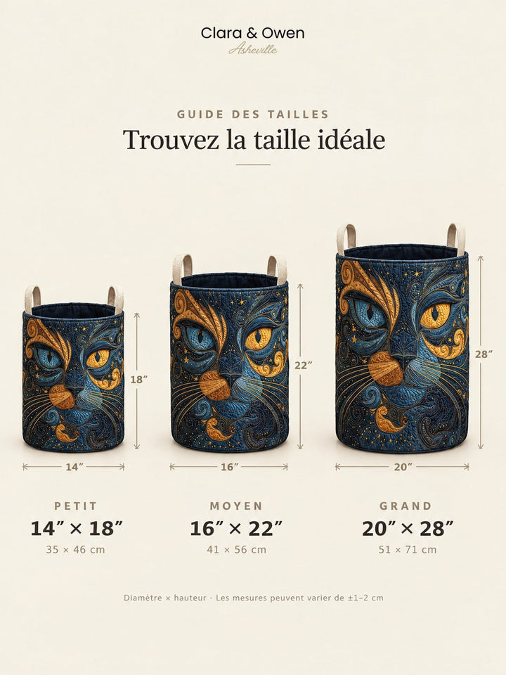 Guide des tailles montrant trois paniers côte à côte, petit, moyen et grand, avec leurs diamètres et hauteurs indiqués. 5