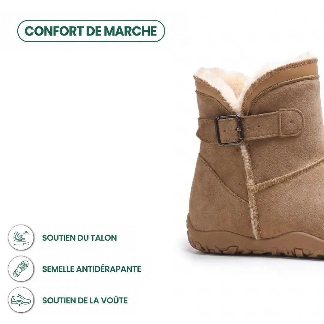 Détail de la boucle et du talon de la botte beige fourrée, avec pictos de confort 22