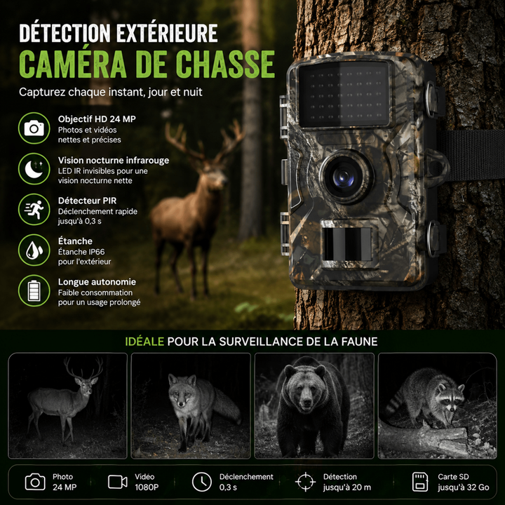 Visuel promotionnel de la caméra fixée à un tronc d'arbre, avec un cerf, des icônes de fonctions et quatre prises de vue nocturnes d'animaux. 6