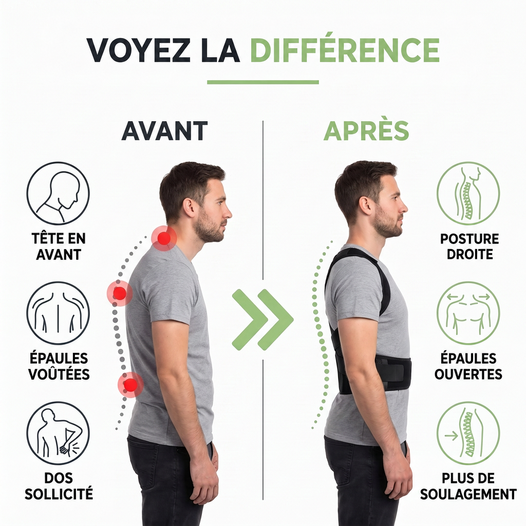 Comparatif avant et après d'un homme de profil : dos voûté à gauche, posture redressée avec le correcteur noir à droite. 3
