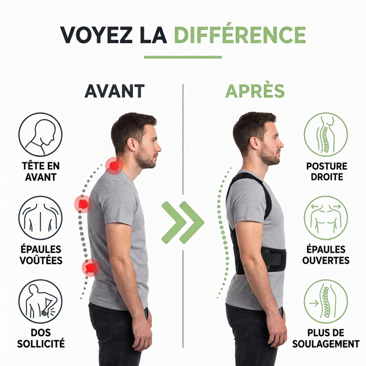 Comparatif avant et après d'un homme de profil : dos voûté à gauche, posture redressée avec le correcteur noir à droite. 3