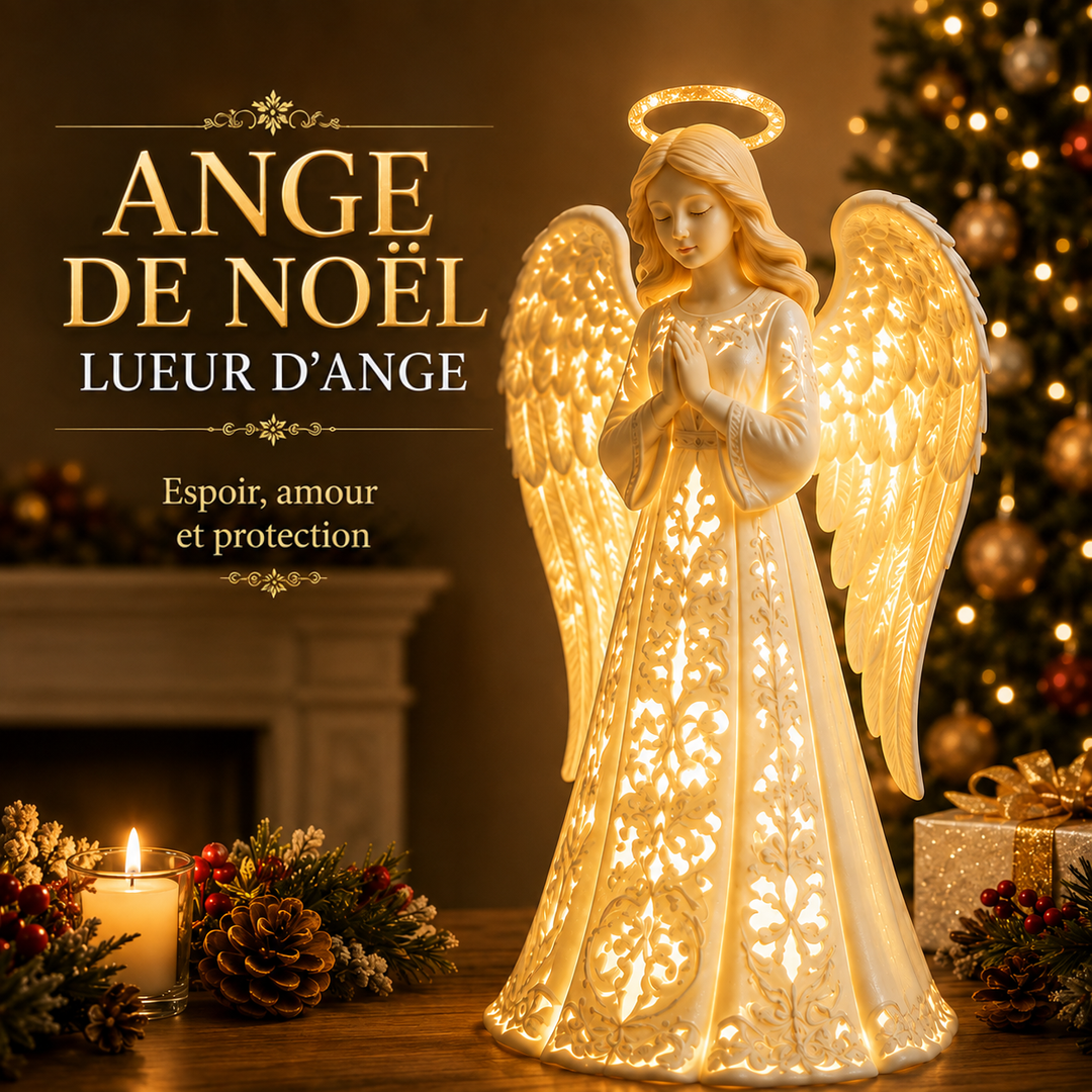 Ange lumineux aux mains jointes et à l'auréole dorée, posé près d'un sapin décoré et d'une bougie 1