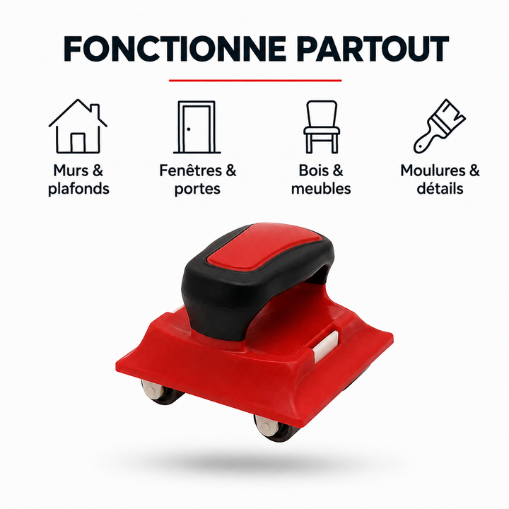 Outil rouge et noir vu de côté, montrant ses petites roulettes sous la base 8