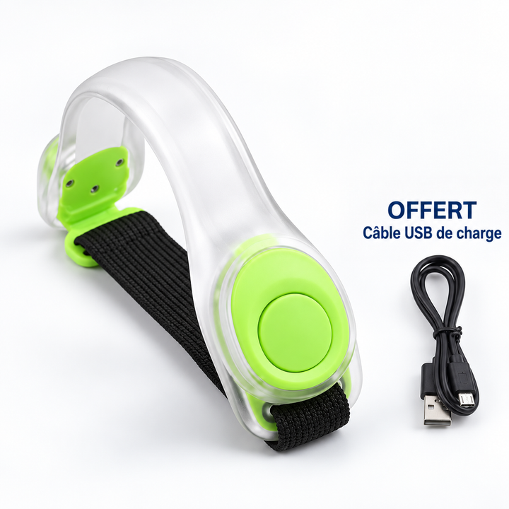 Brassard transparent à bouton vert vif et sangle noire, avec son câble de charge USB 11