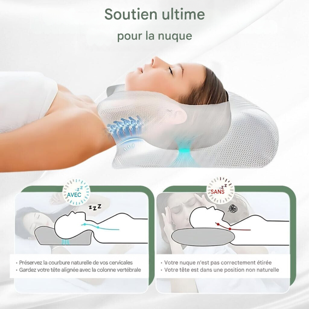 Schéma du soutien cervical d'une femme allongée, comparé à un oreiller plat qui laisse la nuque mal alignée 6