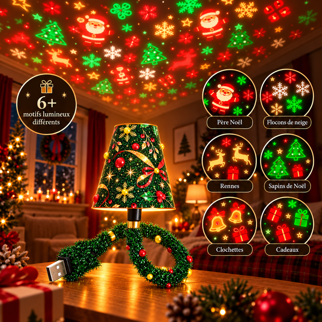 Projecteur allumé sur une table, avec six exemples de motifs projetés : père Noël, flocons, rennes, sapins, cloches et cadeaux. 4