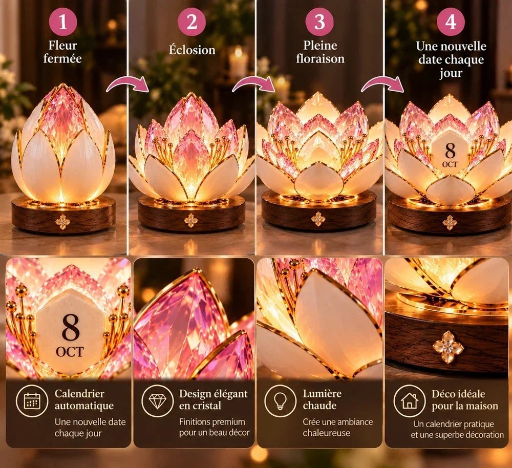 Planche en quatre étapes de la fleur qui s'ouvre, avec détails du cristal, de la lumière et du socle 7