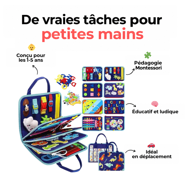 Visuel récapitulatif du livre bleu avec ses pages, accessoires et sac, accompagné de légendes néerlandaises sur ses atouts 9