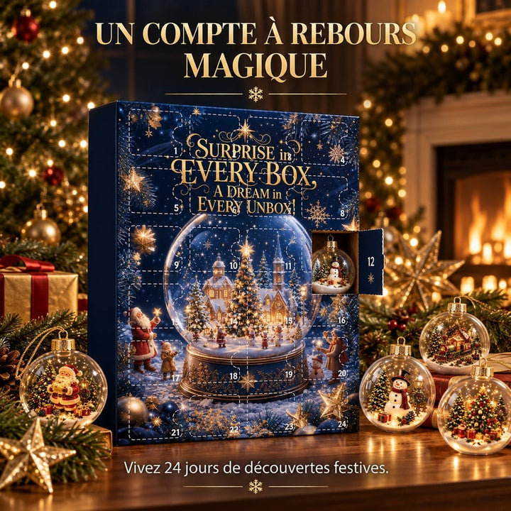 Calendrier posé sur une table, une porte ouverte sur un bonhomme de neige, boules autour près d'une cheminée 3