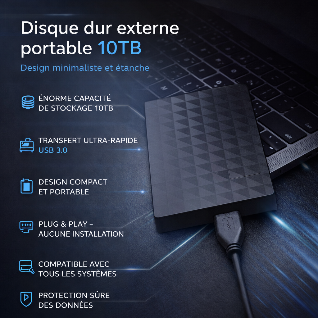 Visuel promotionnel avec le disque branché près d'un clavier et une liste d'avantages illustrée d'icônes 5