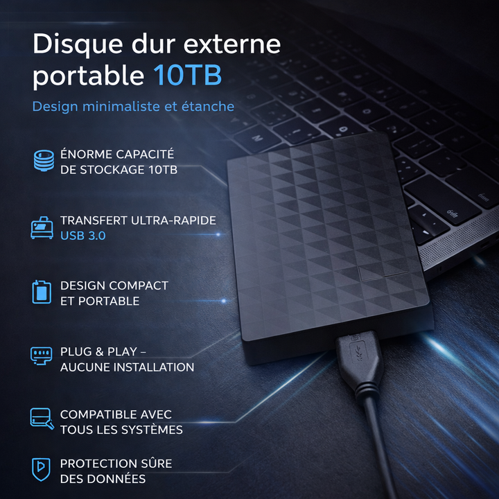 Visuel promotionnel avec le disque branché près d'un clavier et une liste d'avantages illustrée d'icônes 5