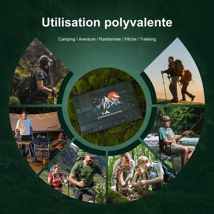 Le coffret au centre d'un montage d'activités: randonnée, camping, pêche, trek et exploration en forêt 6