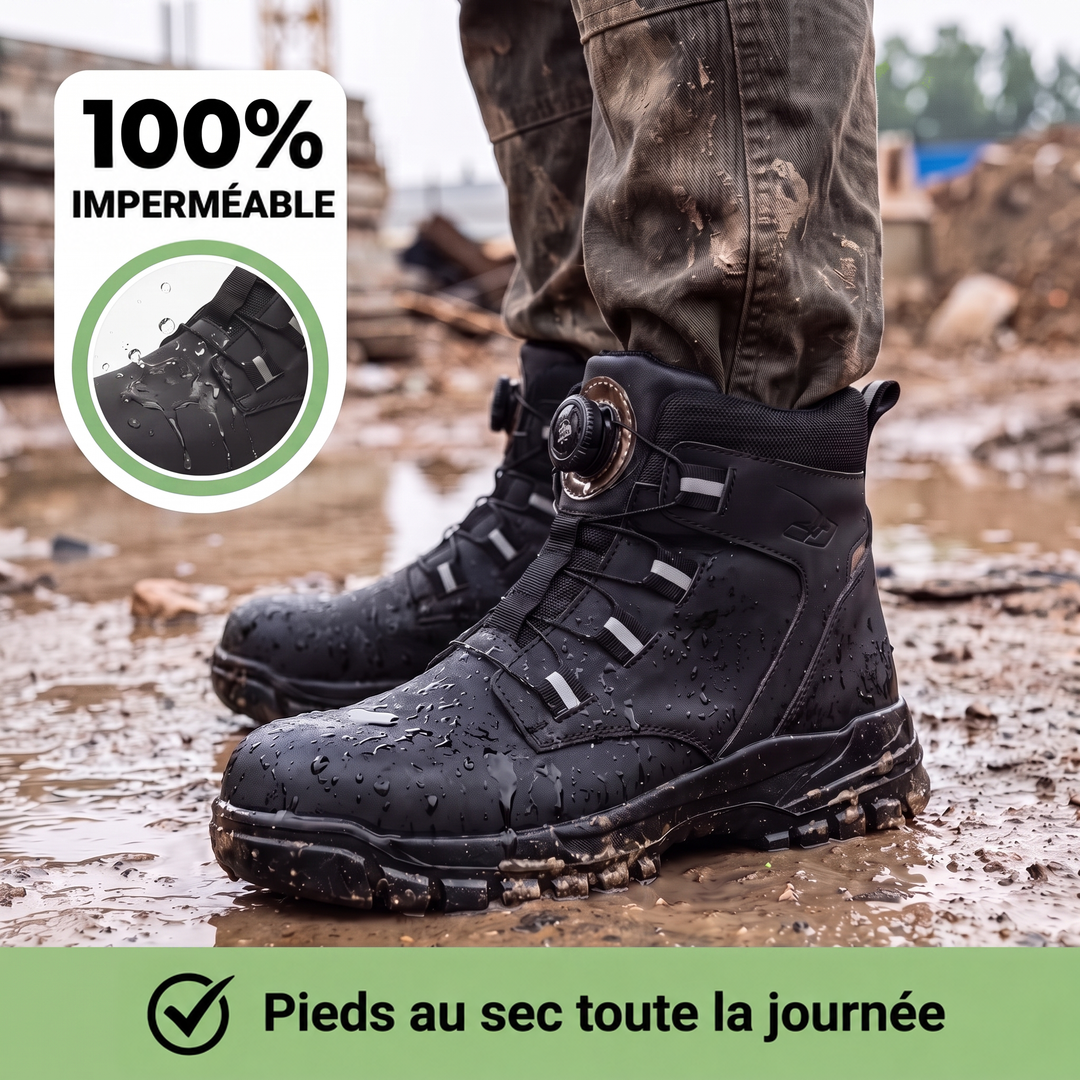 Bottes noires éclaboussées d'eau portées dans la boue d'un chantier, avec un gros plan sur les gouttes 5