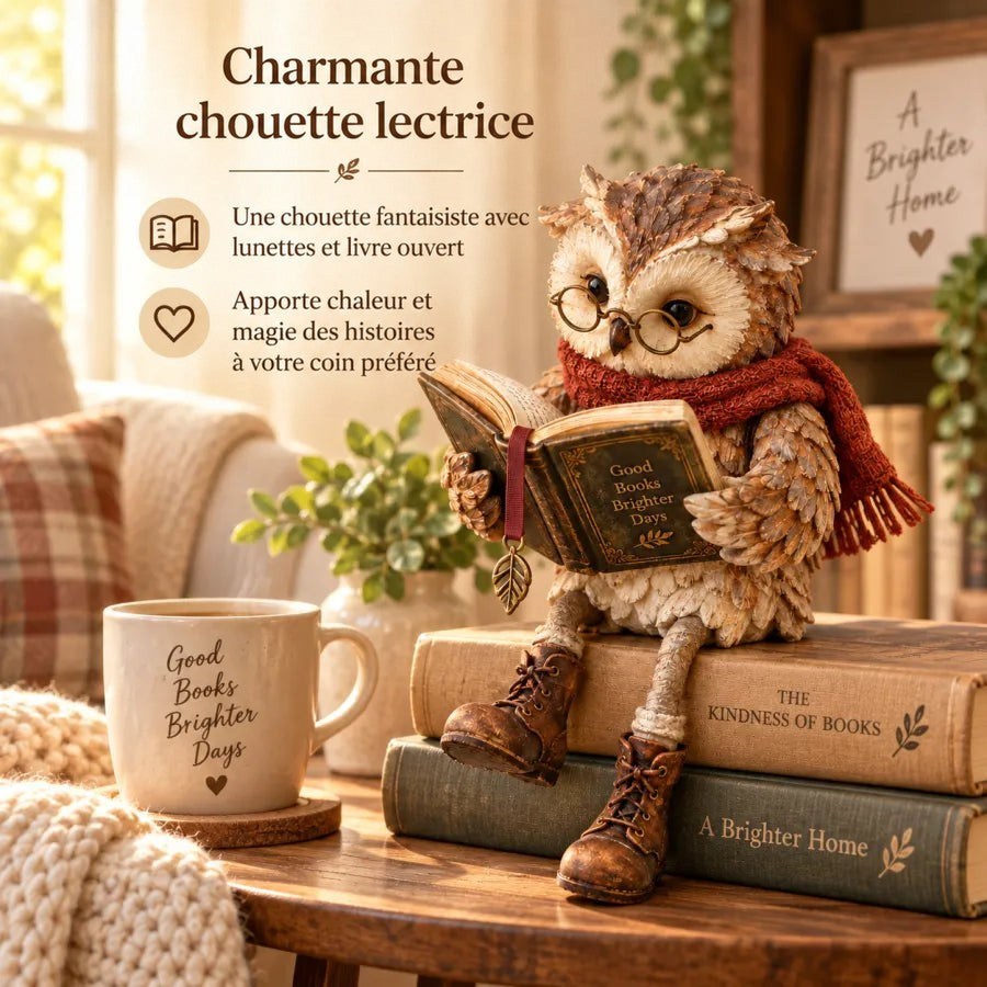 Chouette assise sur une pile de livres anciens près d'un mug fumant, dans un salon cosy avec plaid et coussin. 3