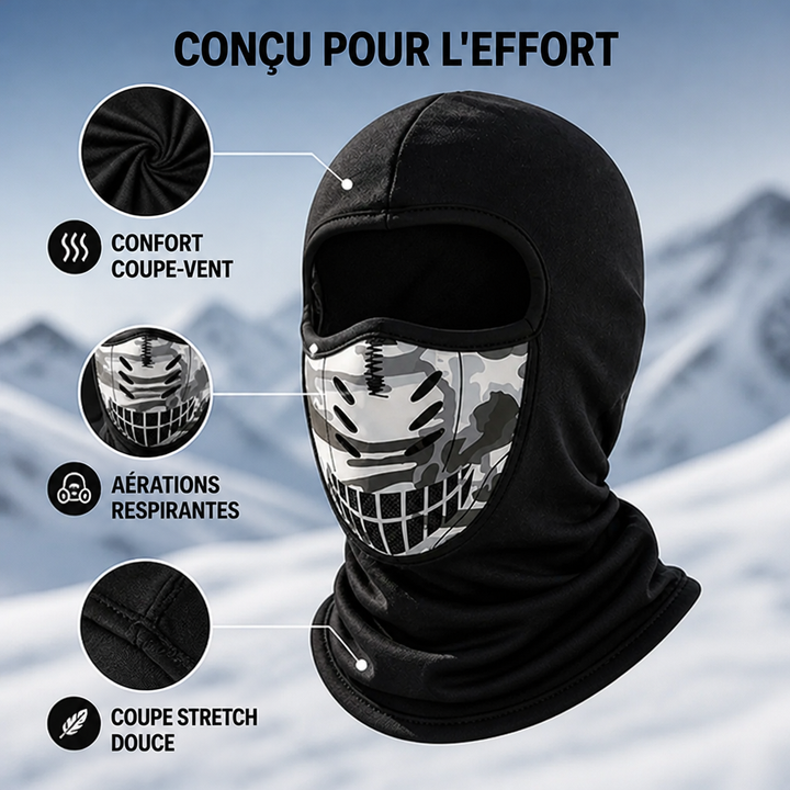 Cagoule noire vue de trois quarts avec gros plans sur le tissu, les aérations du panneau camouflage et la coupe extensible. 4