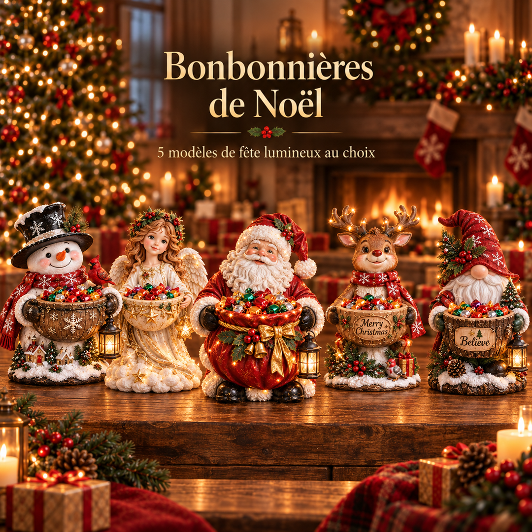 Les cinq figurines côte à côte sur une table en bois : bonhomme de neige, ange, Père Noël, renne, gnome 6