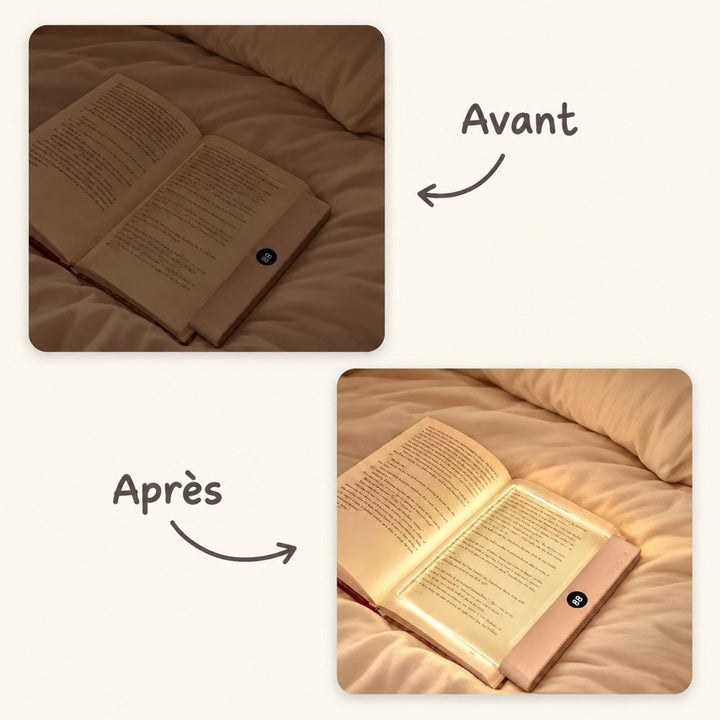 Comparaison côte à côte d'un livre dans la pénombre puis éclairé par le panneau sur un lit 3