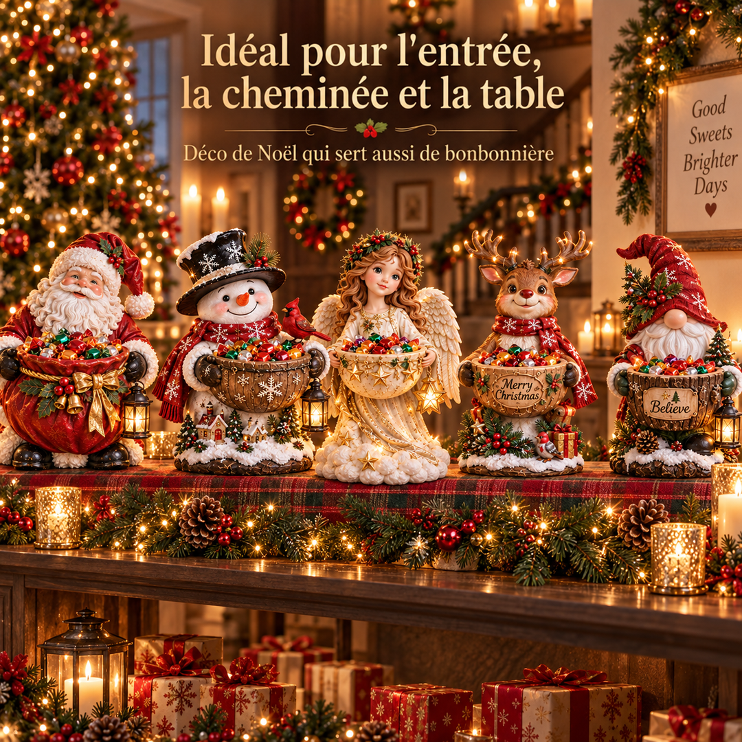 Les cinq figurines alignées sur une cheminée décorée de guirlandes de sapin, bougies et paquets cadeaux 7