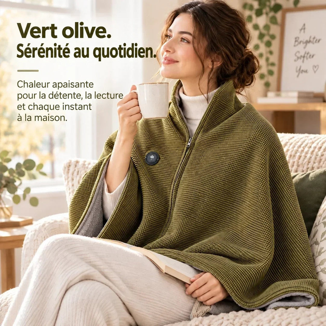 Femme sur un canapé avec le poncho vert olive sur les épaules, buvant dans une tasse avec un livre 8