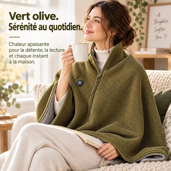 Femme sur un canapé avec le poncho vert olive sur les épaules, buvant dans une tasse avec un livre 8