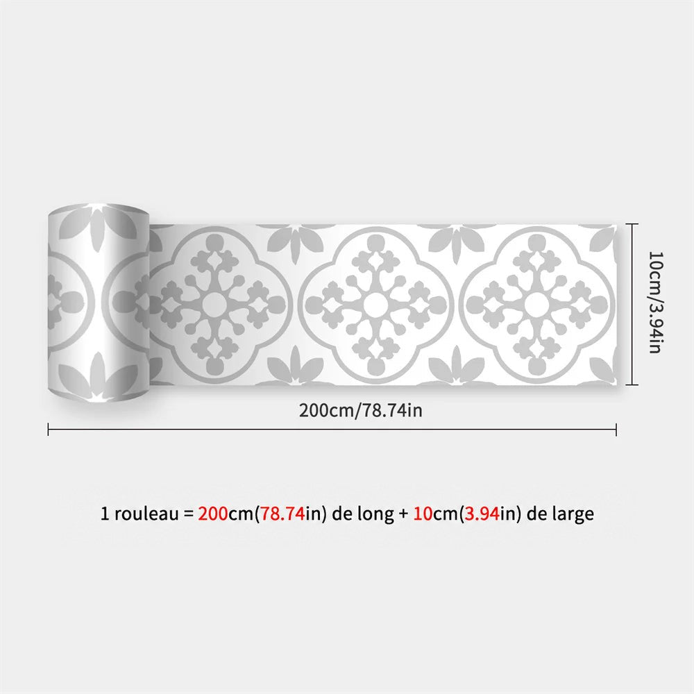 Rouleau déroulé de bande grise et blanche à motifs floraux, avec ses dimensions de 200 cm sur 10 cm 17