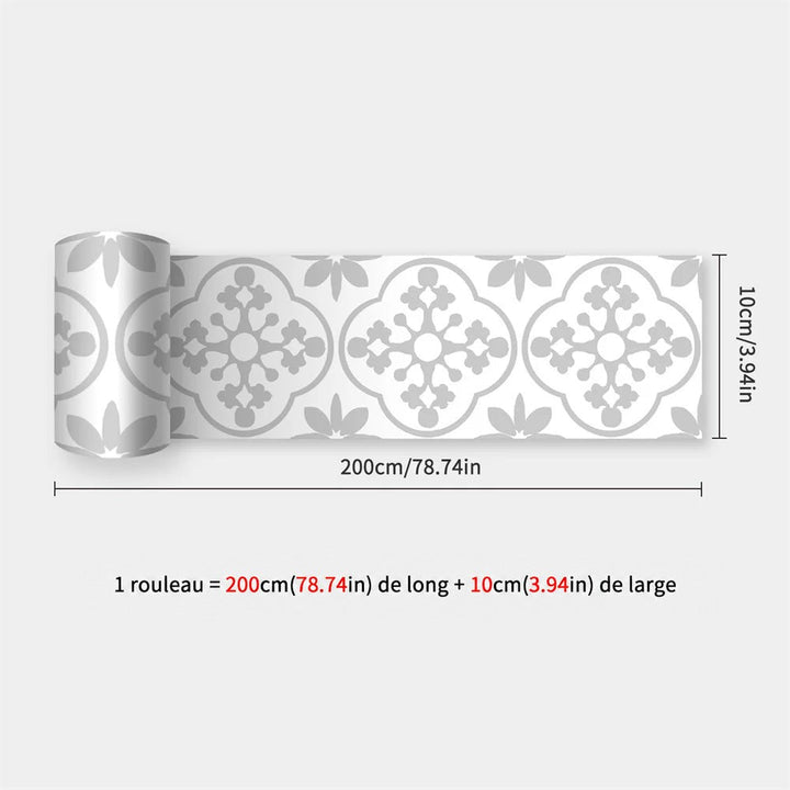 Rouleau déroulé de bande grise et blanche à motifs floraux, avec ses dimensions de 200 cm sur 10 cm 17