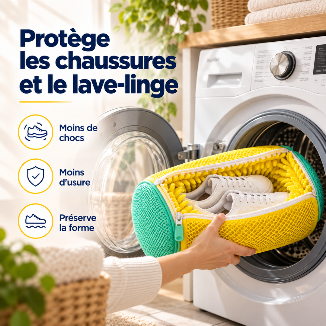 Main plaçant le sac jaune rempli de baskets blanches dans le tambour d'un lave-linge 3