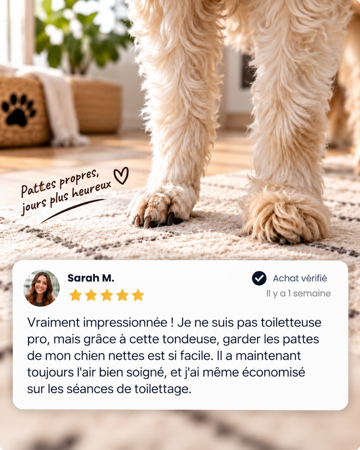 Pattes d'un chien au poil crème sur un tapis, avec un avis client cinq étoiles 9