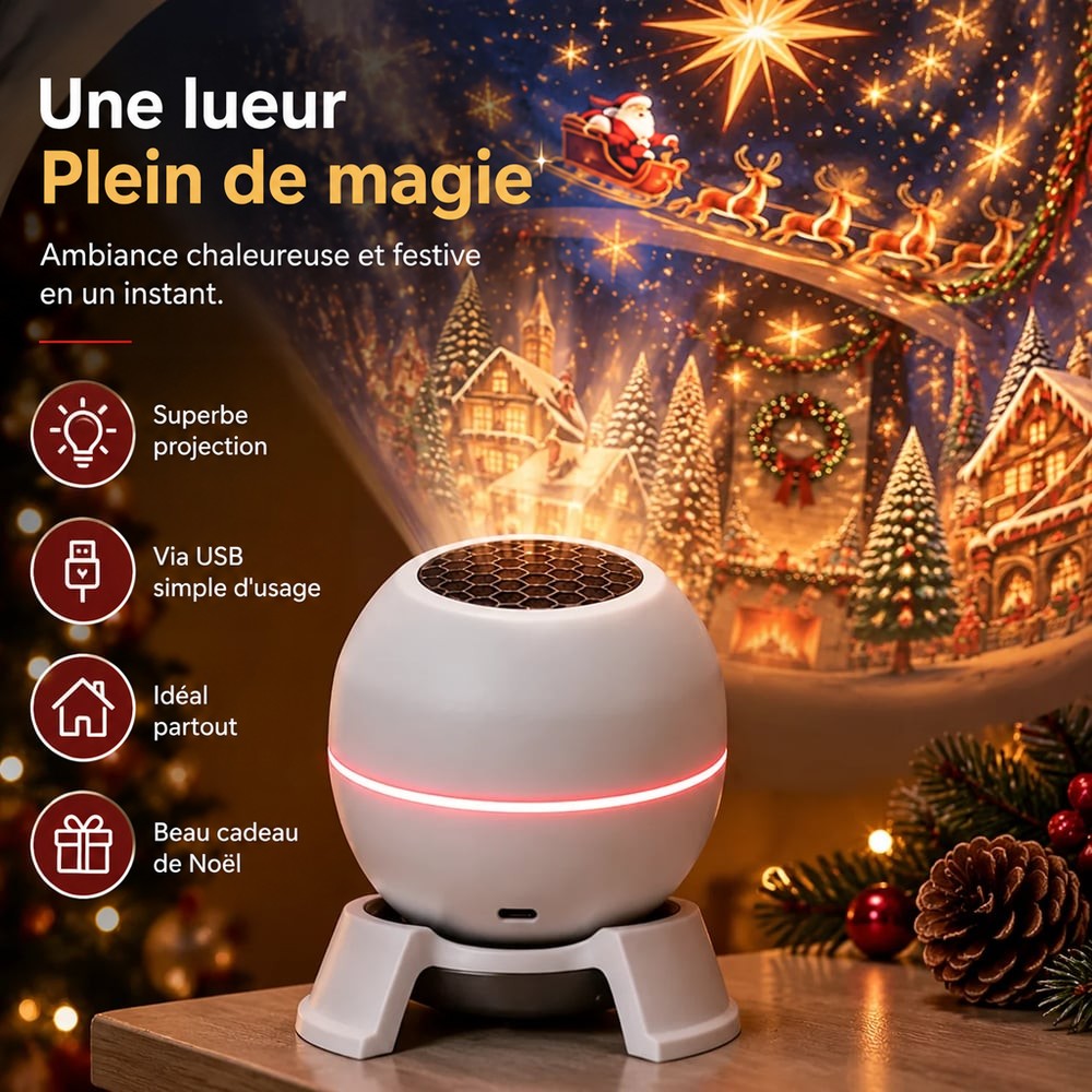 Projecteur blanc posé près de branches de sapin, projetant le traîneau du Père Noël et un village 4