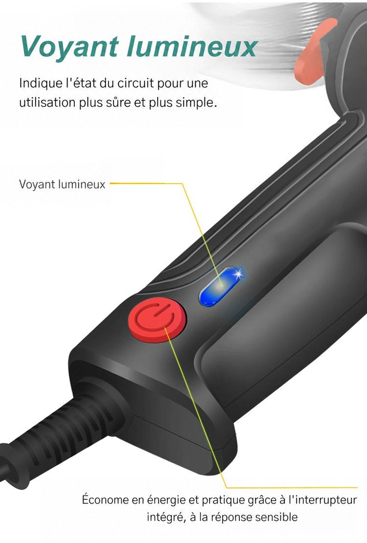 Gros plan sur le voyant bleu et le bouton d'alimentation rouge, à l'arrière de la poignée 5