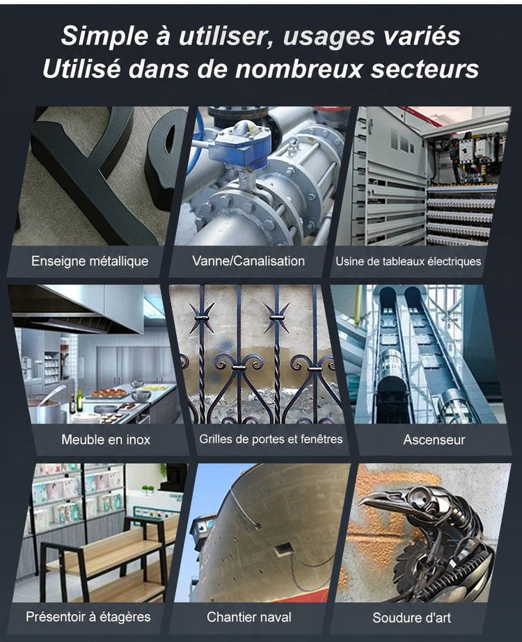 Collage de neuf usages industriels : enseigne, vanne, armoire électrique, cuisine inox, grille, ascenseur, étagère, navire 4