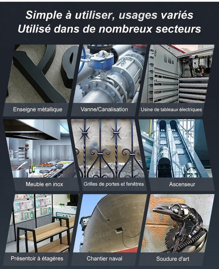 Collage de neuf usages industriels : enseigne, vanne, armoire électrique, cuisine inox, grille, ascenseur, étagère, navire 4