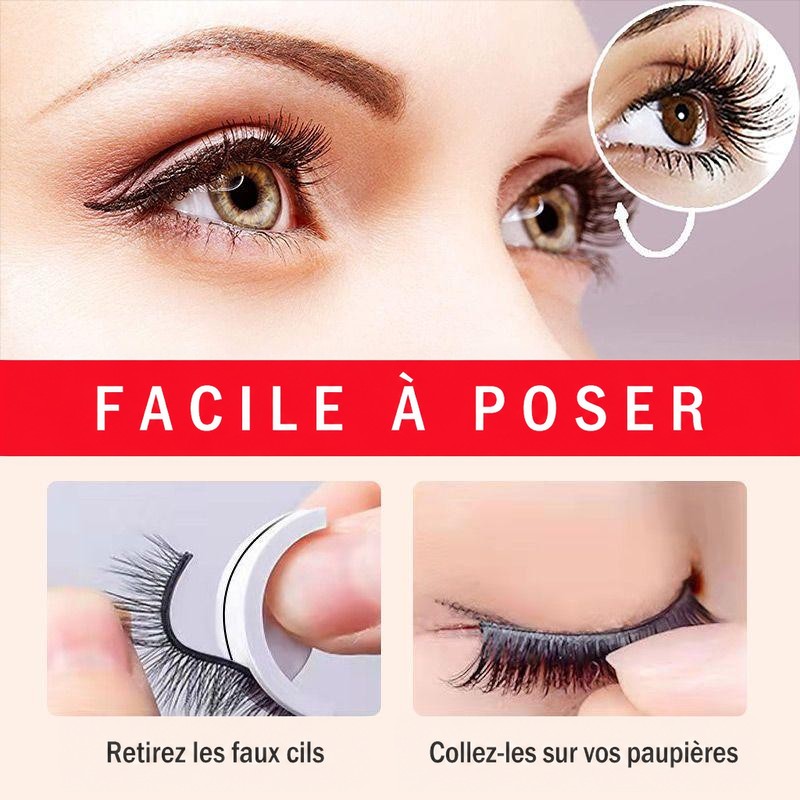 Visuel d'utilisation en haute définition : un œil aux cils posés, puis les gestes pour retirer les cils du support et les coller sur la paupière. 7