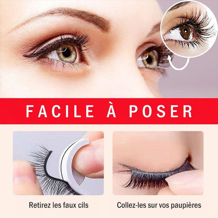 Visuel d'utilisation en haute définition : un œil aux cils posés, puis les gestes pour retirer les cils du support et les coller sur la paupière. 7