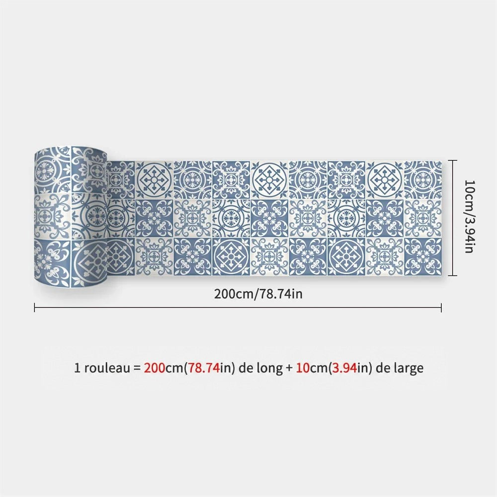 Rouleau de bande imitant des carreaux de ciment à motifs floraux bleu grisé et blanc 29