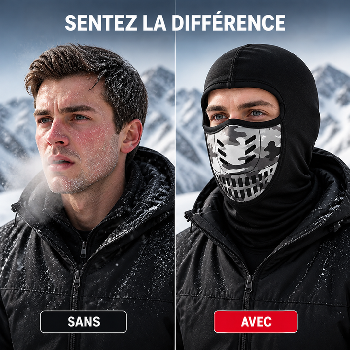 Comparaison côte à côte: visage nu couvert de givre à gauche, même homme protégé par la cagoule à droite. 3