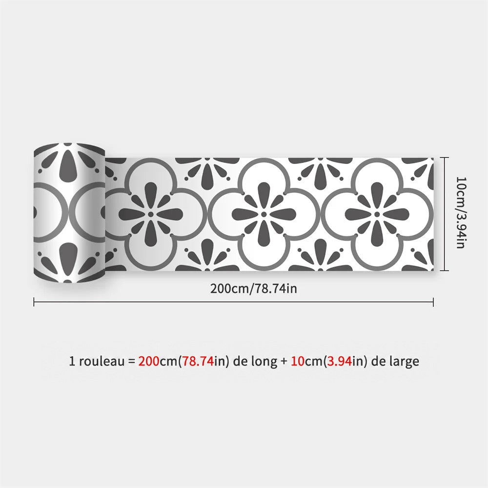 Rouleau de bande à fleurs stylisées gris foncé sur fond blanc, avec dimensions 39