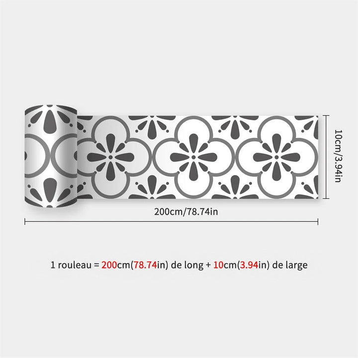 Rouleau de bande à fleurs stylisées gris foncé sur fond blanc, avec dimensions 39