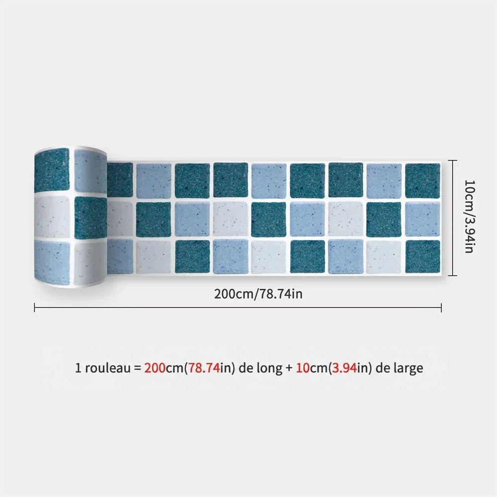 Rouleau à carreaux carrés turquoise foncé, bleu clair et blanc moucheté, avec dimensions de la bande 44