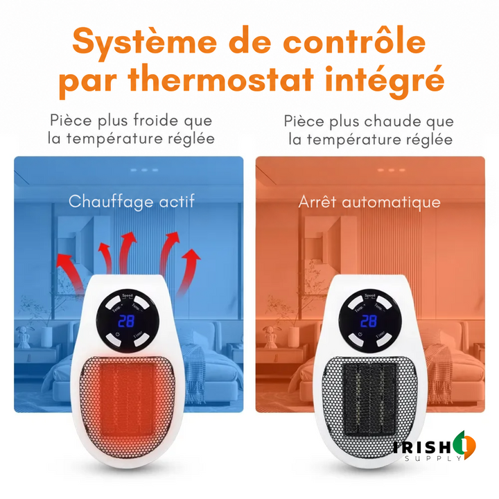 Comparaison de deux chauffages dans une chambre : l'un en chauffe en bleu, l'autre éteint en orange 5