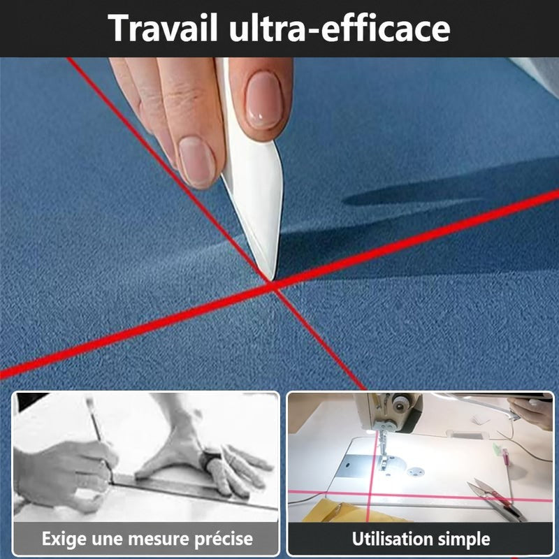 Lignes laser rouges croisées sur un tissu bleu, tracé avec un outil, comparées à une mesure à la règle 6
