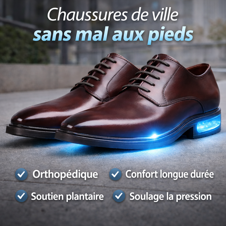 Paire de derbies bordeaux sur le bitume, talon lumineux illustrant le confort et le soutien plantaire 7