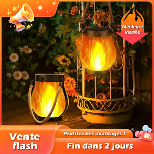 Deux lanternes à flamme orangée dans un jardin fleuri, l'une posée, l'autre suspendue à une cage 2